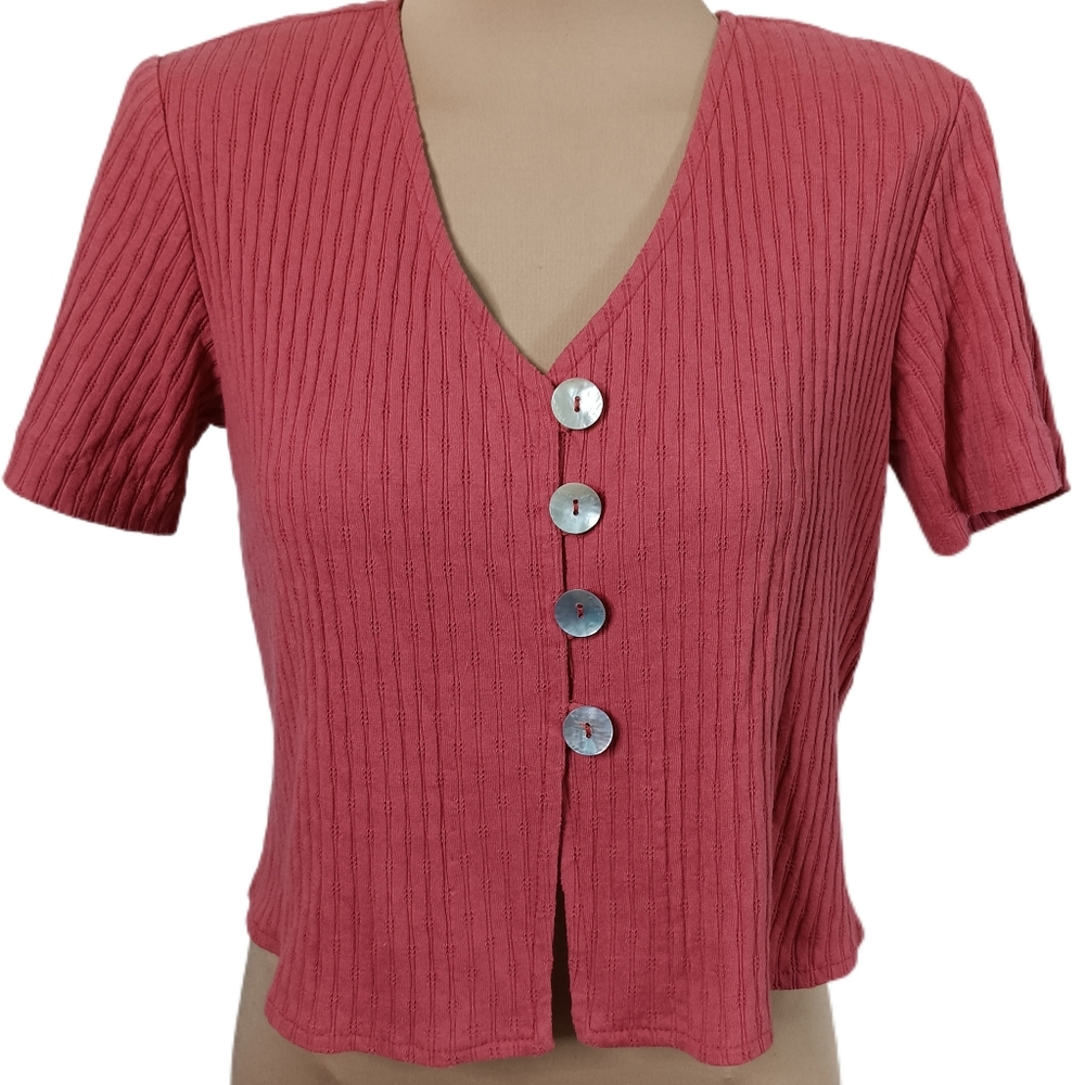Vintage 90s Rabbit Rabbit Rabbit Cardigan Womens‎ 8 Coral Cropped Short Sleeve